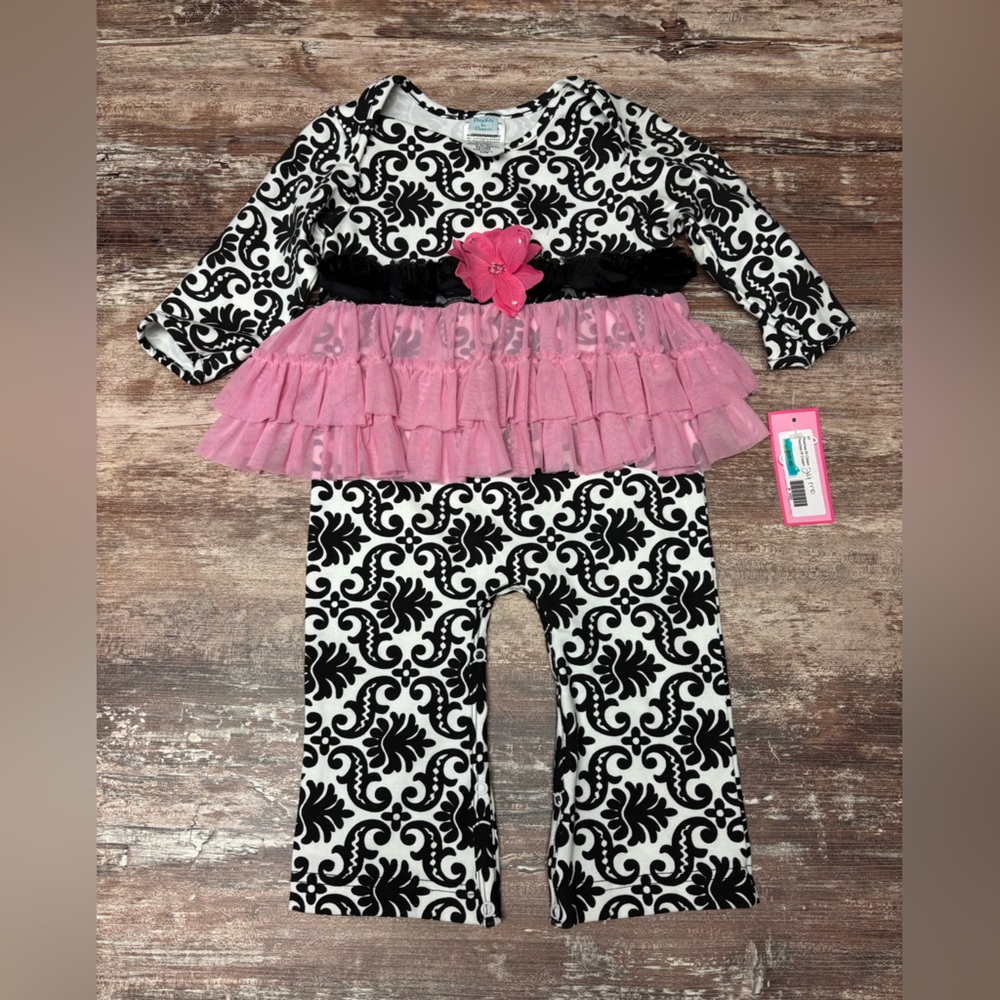 Peaches ‘n Cream | NWT Black White Long Sleeve One Piece Pink Tulle, 24 Months